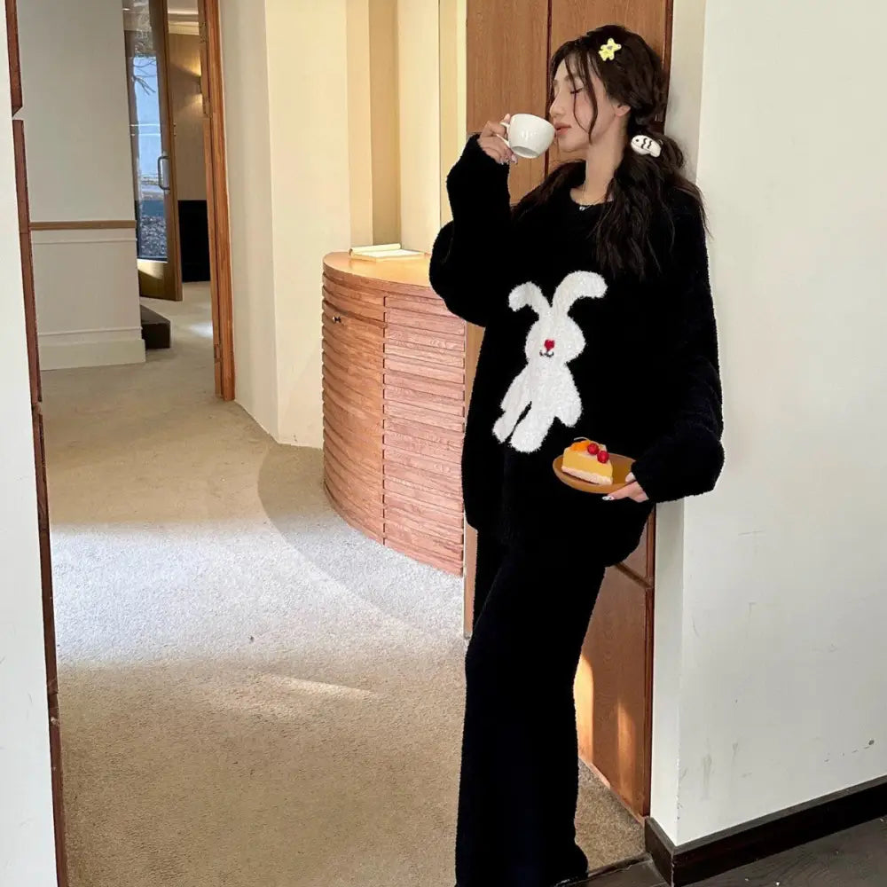 ふわふわ 秋冬 レディース パジャマ カートゥーン ウサギ 保温 厚手 長袖 ルームウェアセット ID3635 ブラック / フリー