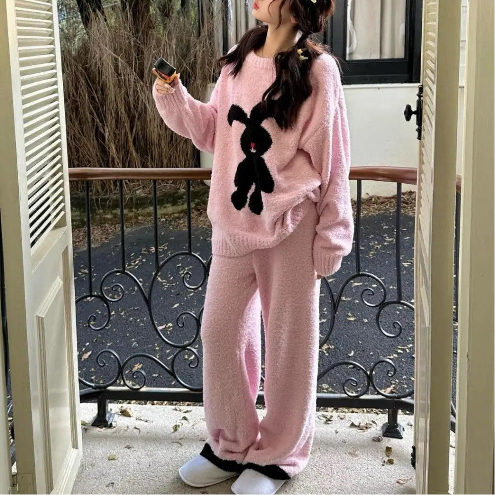 ふわふわ 秋冬 レディース パジャマ カートゥーン ウサギ 保温 厚手 長袖 ルームウェアセット ID3635 ピンク / フリー
