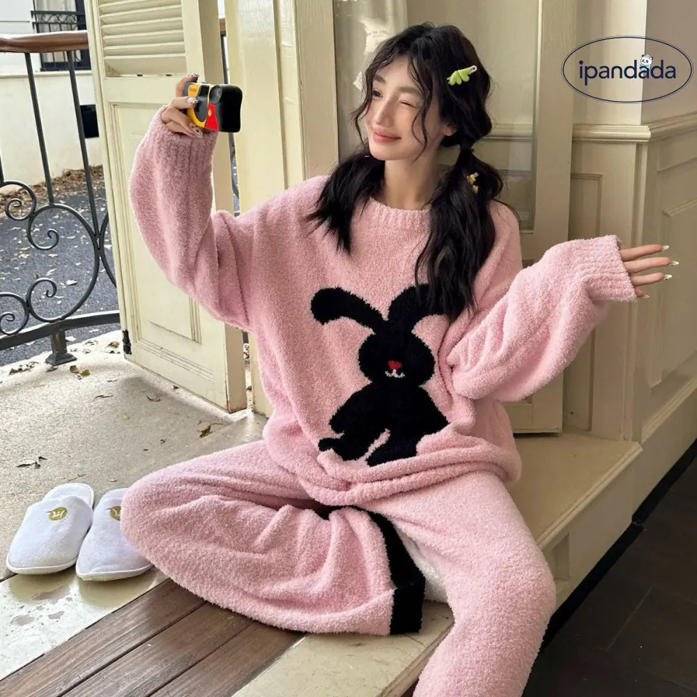 ふわふわ 秋冬 レディース パジャマ カートゥーン ウサギ 保温 厚手 長袖 ルームウェアセット ID3635