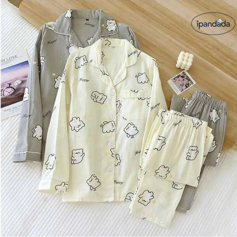 ユニ 二重ガーゼ 長袖 上下セット ルームウェア ペア カップル ダブルガーゼ ガーゼパジャマ セットアップ 部屋着 ペア 春夏 パジャマ ダブルガーゼ カップル ID2035