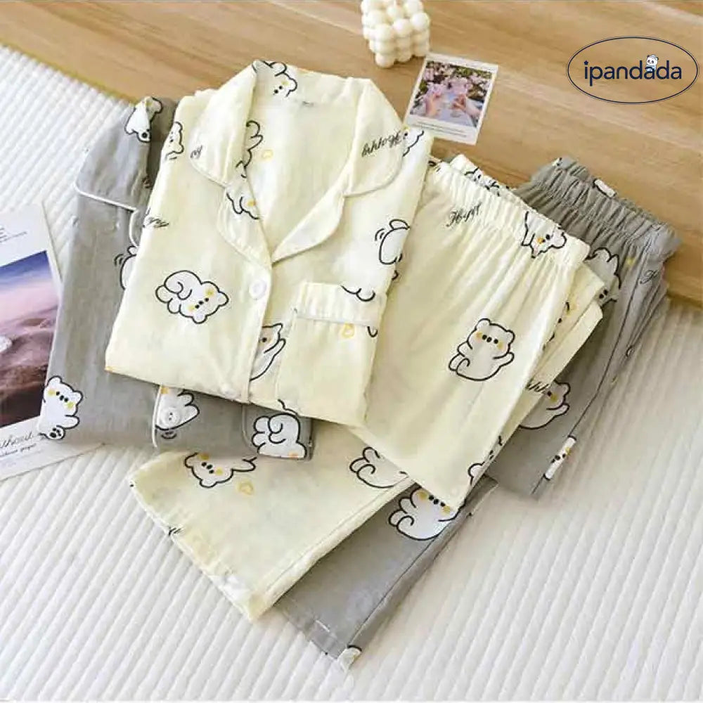 ユニ 二重ガーゼ 長袖 上下セット ルームウェア ペア カップル ダブルガーゼ ガーゼパジャマ セットアップ 部屋着 ペア 春夏 パジャマ ダブルガーゼ カップル ID2035