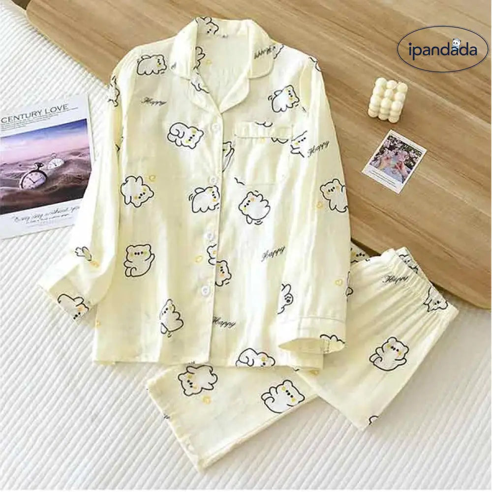ユニ 二重ガーゼ 長袖 上下セット ルームウェア ペア カップル ダブルガーゼ ガーゼパジャマ セットアップ 部屋着 ペア 春夏 パジャマ ダブルガーゼ カップル ID2035