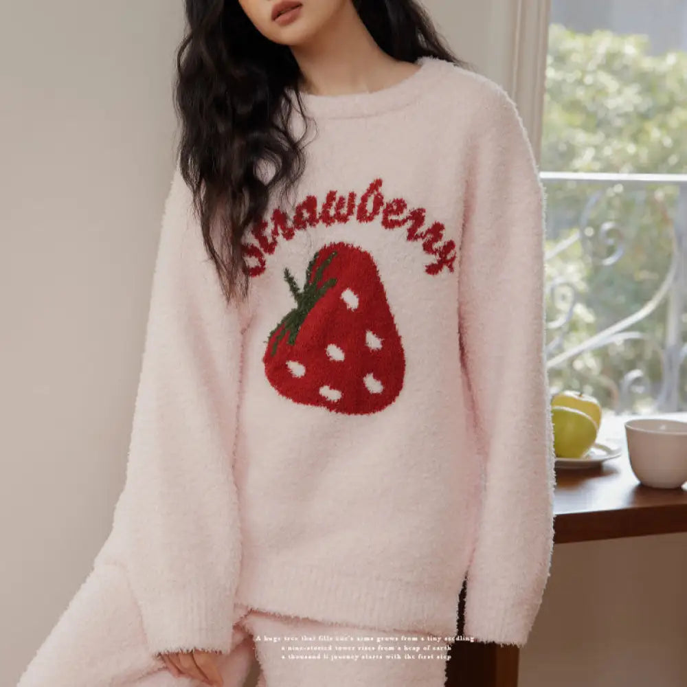 スタイルアップ いちご パジャマ レディース 上下セット 可愛いパジャマ アルファベット あったか ゆったり 女の子 ピンク / M レディース＞セットアップ