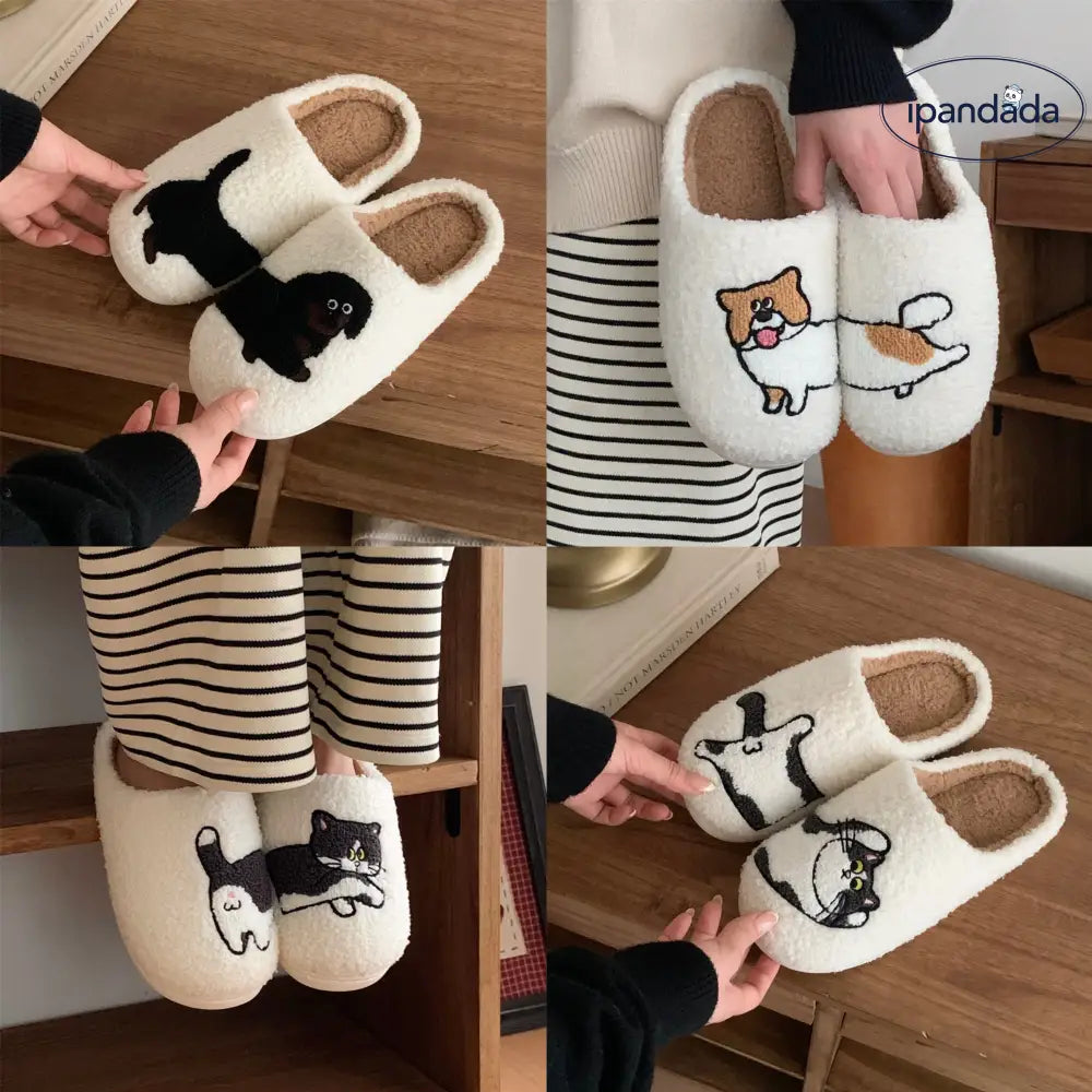 ふわもこ スリッパ レディース メンズ 猫 犬 刺繍 あったか ルームシューズ 冬用 可愛い 滑り止め 室内履き 軽量 柔らかい ペア ルームウェア もこもこ 防寒 暖かい 部屋履き 人気 家居スタイル ID3445