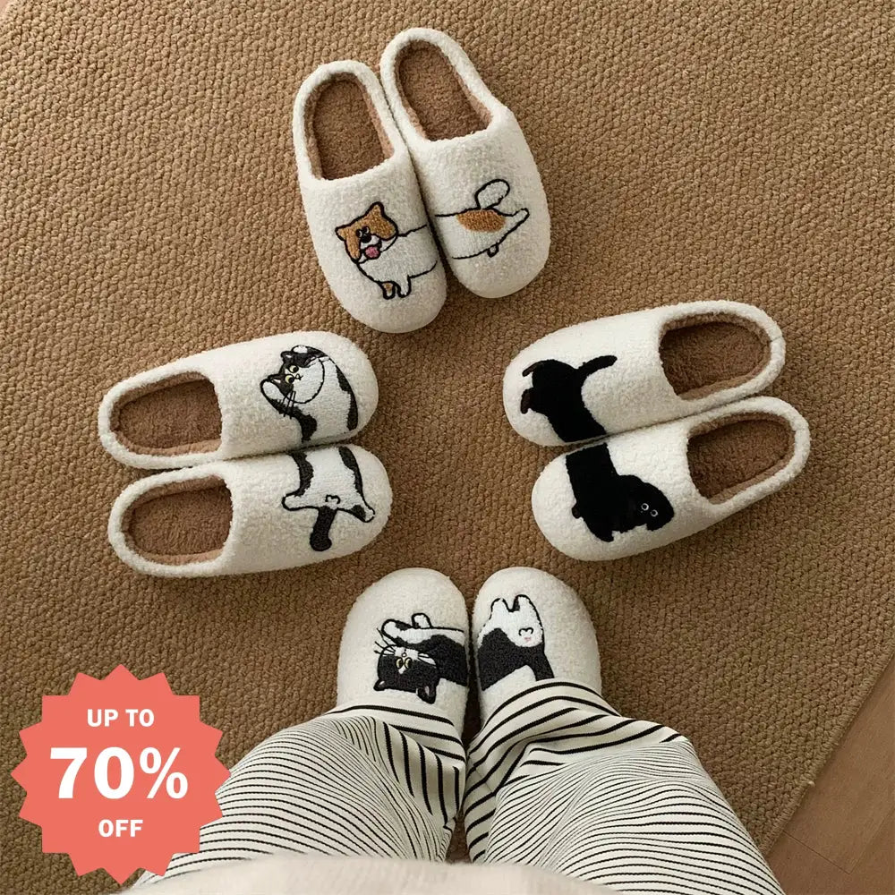 ふわもこ スリッパ レディース メンズ 猫 犬 刺繍 あったか ルームシューズ 冬用 可愛い 滑り止め 室内履き 軽量 柔らかい ペア ルームウェア もこもこ 防寒 暖かい 部屋履き 人気 家居スタイル ID3445