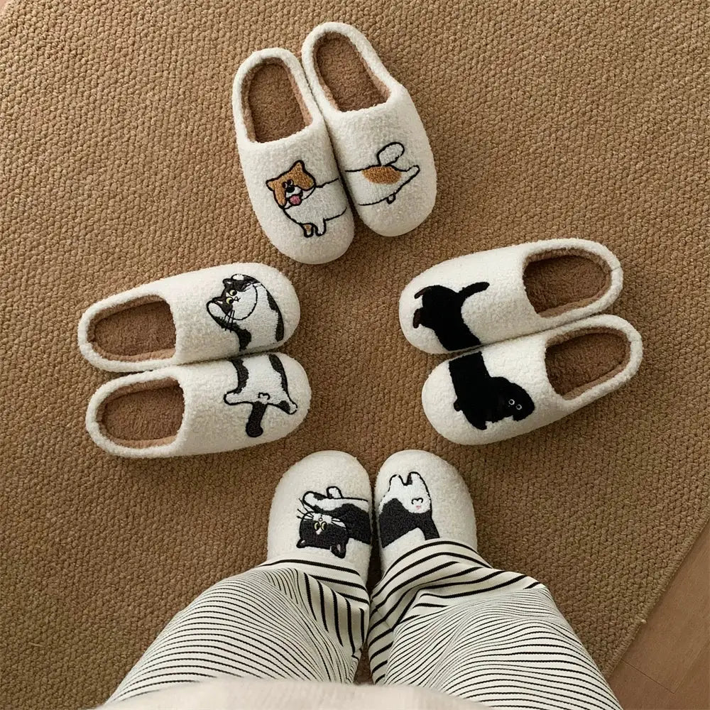 ふわもこ スリッパ レディース メンズ 猫 犬 刺繍 あったか ルームシューズ 冬用 可愛い 滑り止め 室内履き 軽量 柔らかい ペア ルームウェア もこもこ 防寒 暖かい 部屋履き 人気 家居スタイル ID3445