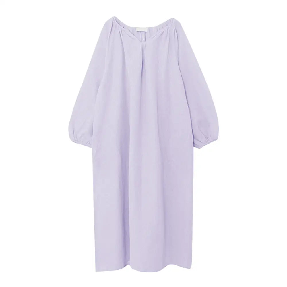 ワンピース シングルガーゼ ガーゼ 綿100% 春 夏 秋 長袖 九分袖 ゆったり 敏感肌にやさしい 4color 部屋着 パジャマ ルームウェア ナイトウェア 柔らかいので肌にやさしい 優れた耐久性 おしゃれ ID2090 パープル
