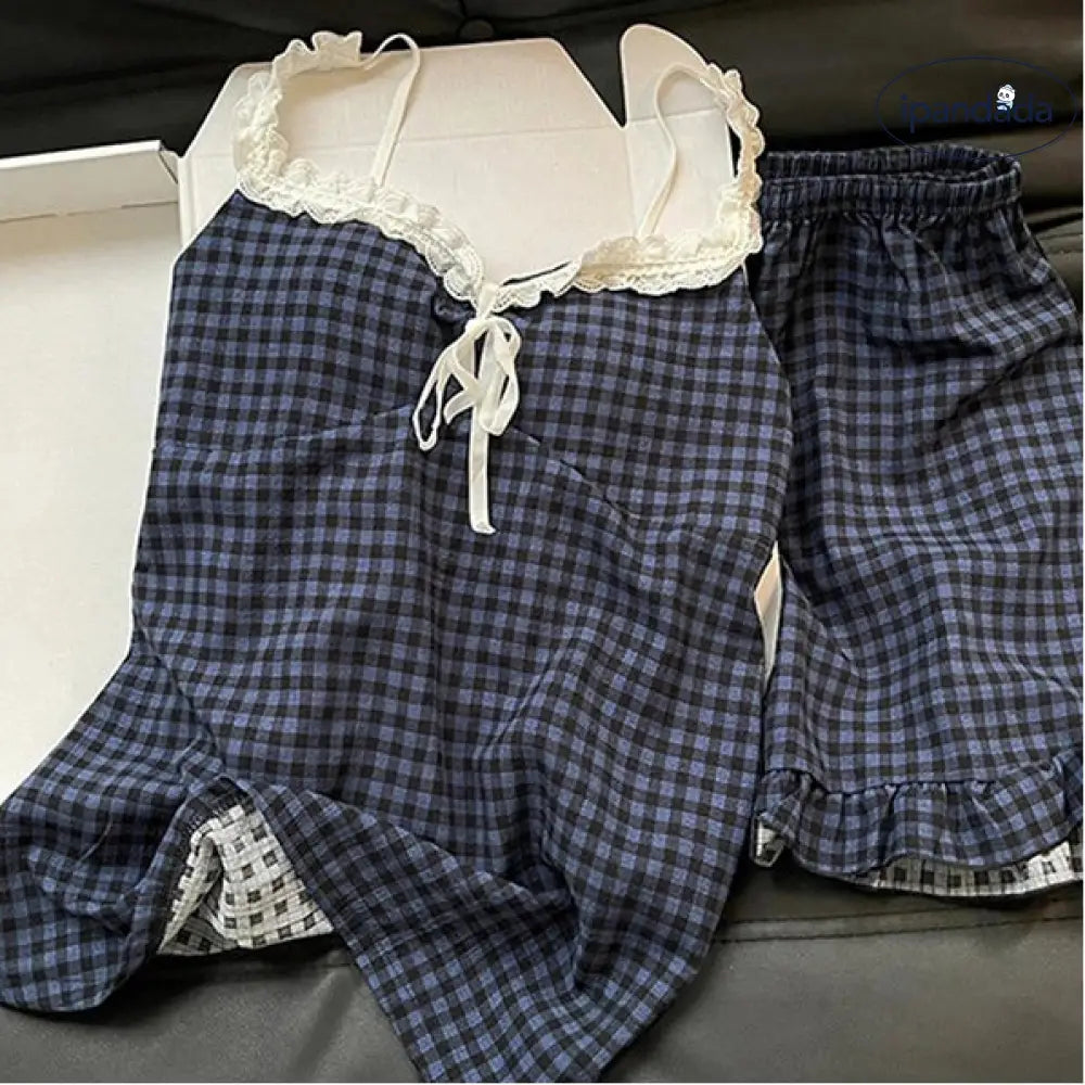 高級感 チェック柄 レース フリル キャミソール パジャマ レディース 夏用  ルームウェア セット ID1803