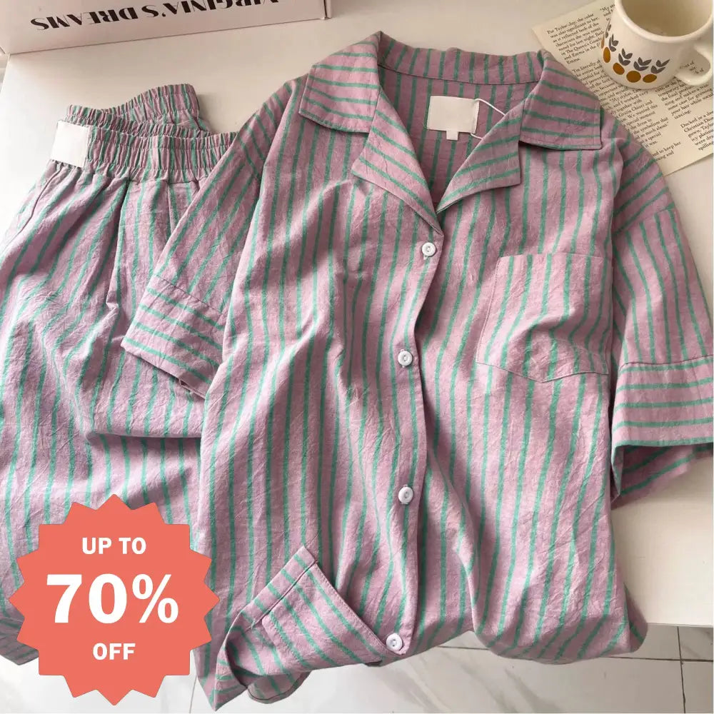 高級感 ストライプ パジャマ レディース 夏 カーディガン 半袖 セット 快適 ゆったり クロスボーダー ルームウェア 大きいサイズ 新作 ID4720 - パープル / M - レディース＞セットアップ