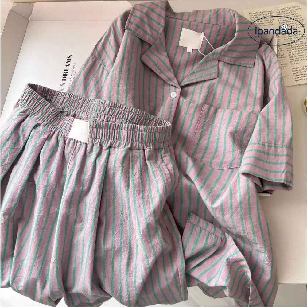 高級感 ストライプ パジャマ レディース 夏 カーディガン 半袖 セット 快適 ゆったり クロスボーダー ルームウェア 大きいサイズ 新作 ID4720 - レディース＞セットアップ