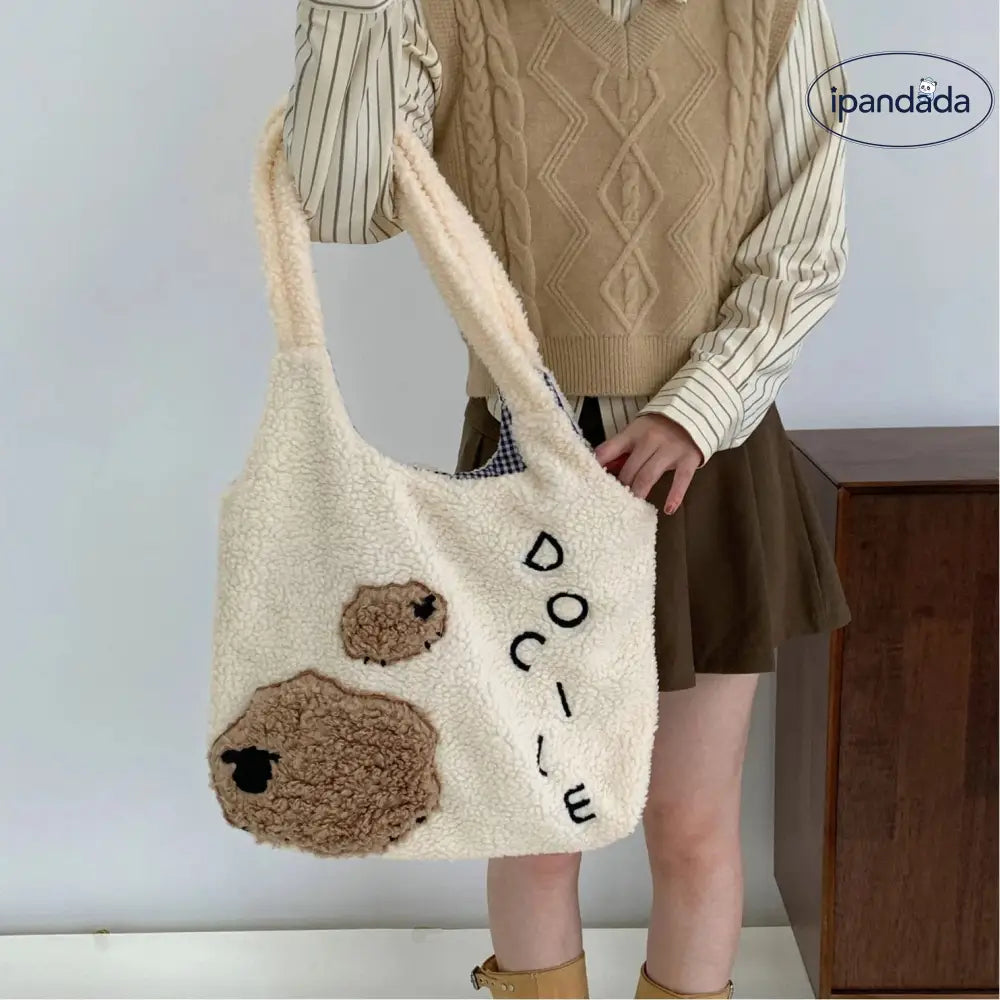 ガールズ ハート 動物 小羊 カートゥーン 刺繍 大容量 ショルダーバッグ シープボア ベストバッグ 秋冬 新作 フリース バッグ ID2768