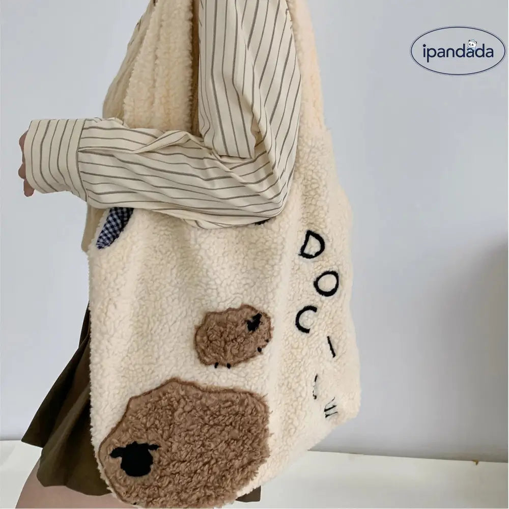 ガールズ ハート 動物 小羊 カートゥーン 刺繍 大容量 ショルダーバッグ シープボア ベストバッグ 秋冬 新作 フリース バッグ ID2768