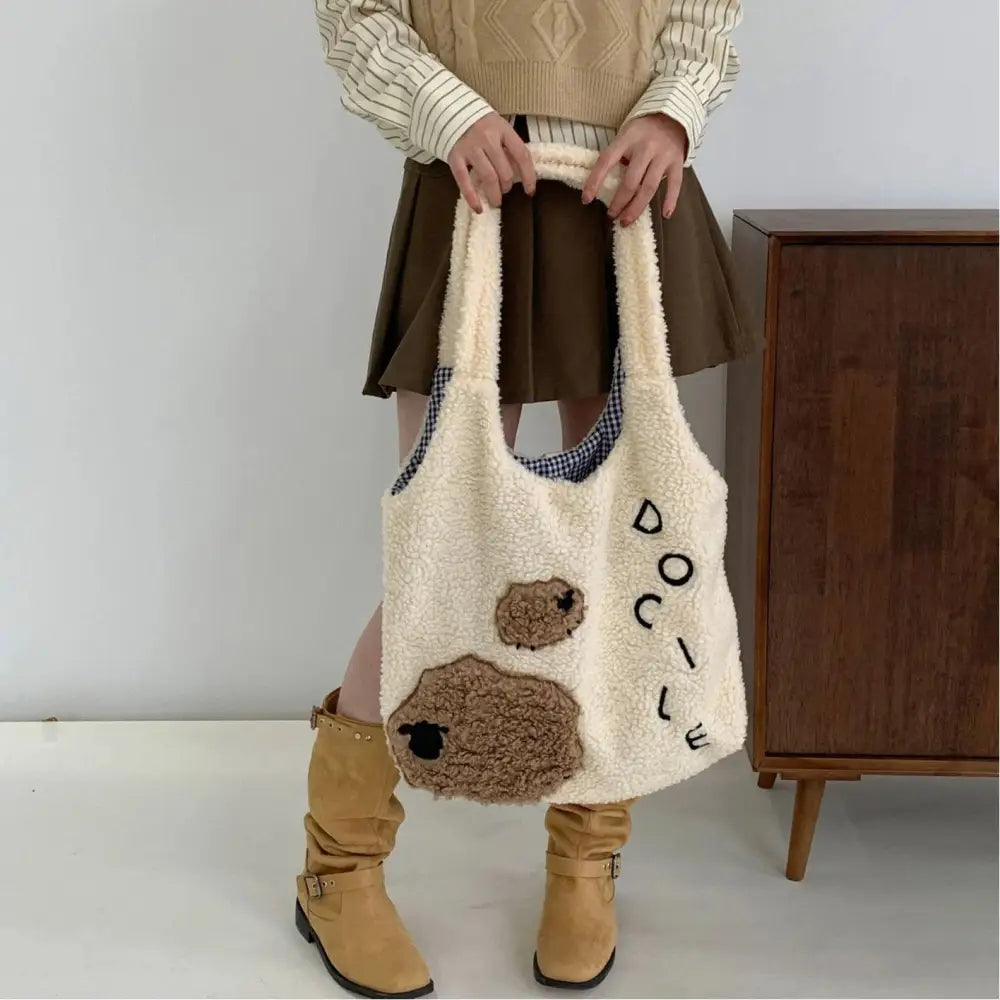 ガールズ ハート 動物 小羊 カートゥーン 刺繍 大容量 ショルダーバッグ シープボア ベストバッグ 秋冬 新作 フリース バッグ ID2768