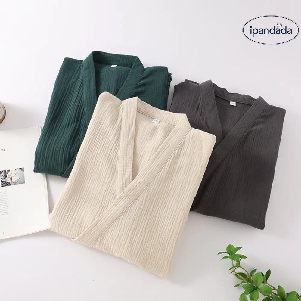 ID682 ガウン 綿100% しわ加工 ユニセックス 春夏 ルームウェア ホテル 着心地 サウナ 対応 ゆったり ミニマル デザイン 吸湿 速乾 カップル＞セットアップ