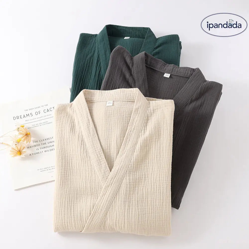 ID682 ガウン 綿100% しわ加工 ユニセックス 春夏 ルームウェア ホテル 着心地 サウナ 対応 ゆったり ミニマル デザイン 吸湿 速乾 カップル＞セットアップ