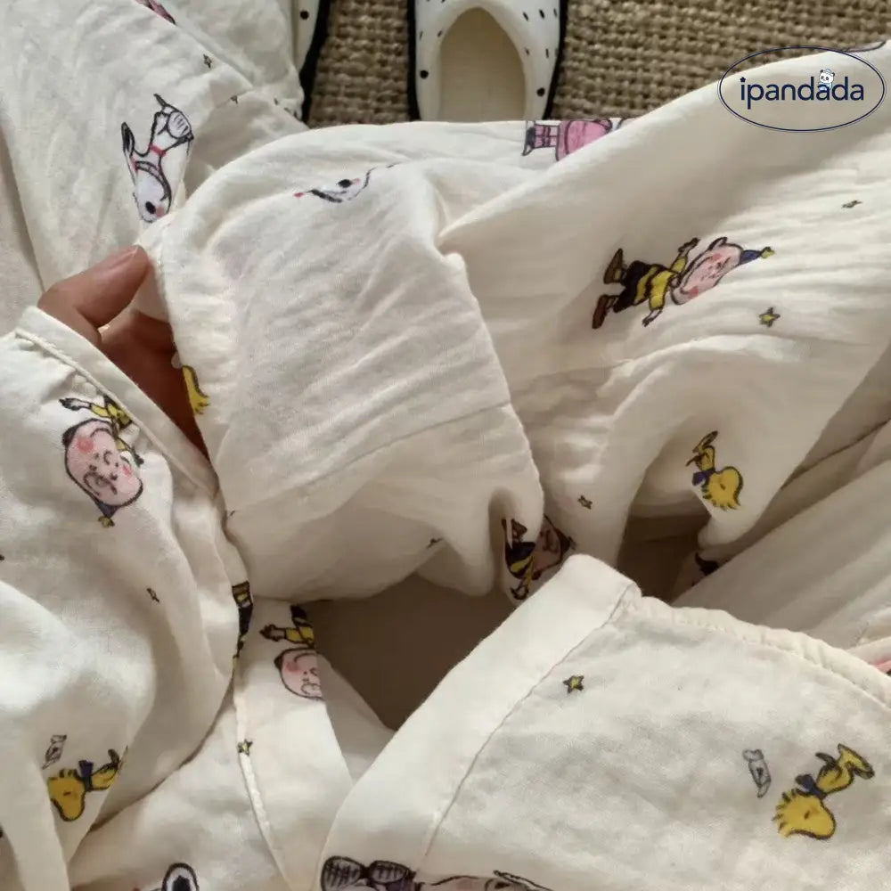 ガーゼ カートゥーン 可愛い ラウンドネック 長袖 ロングパンツ 可愛い パジャマ レディース ルームウェア ID4325