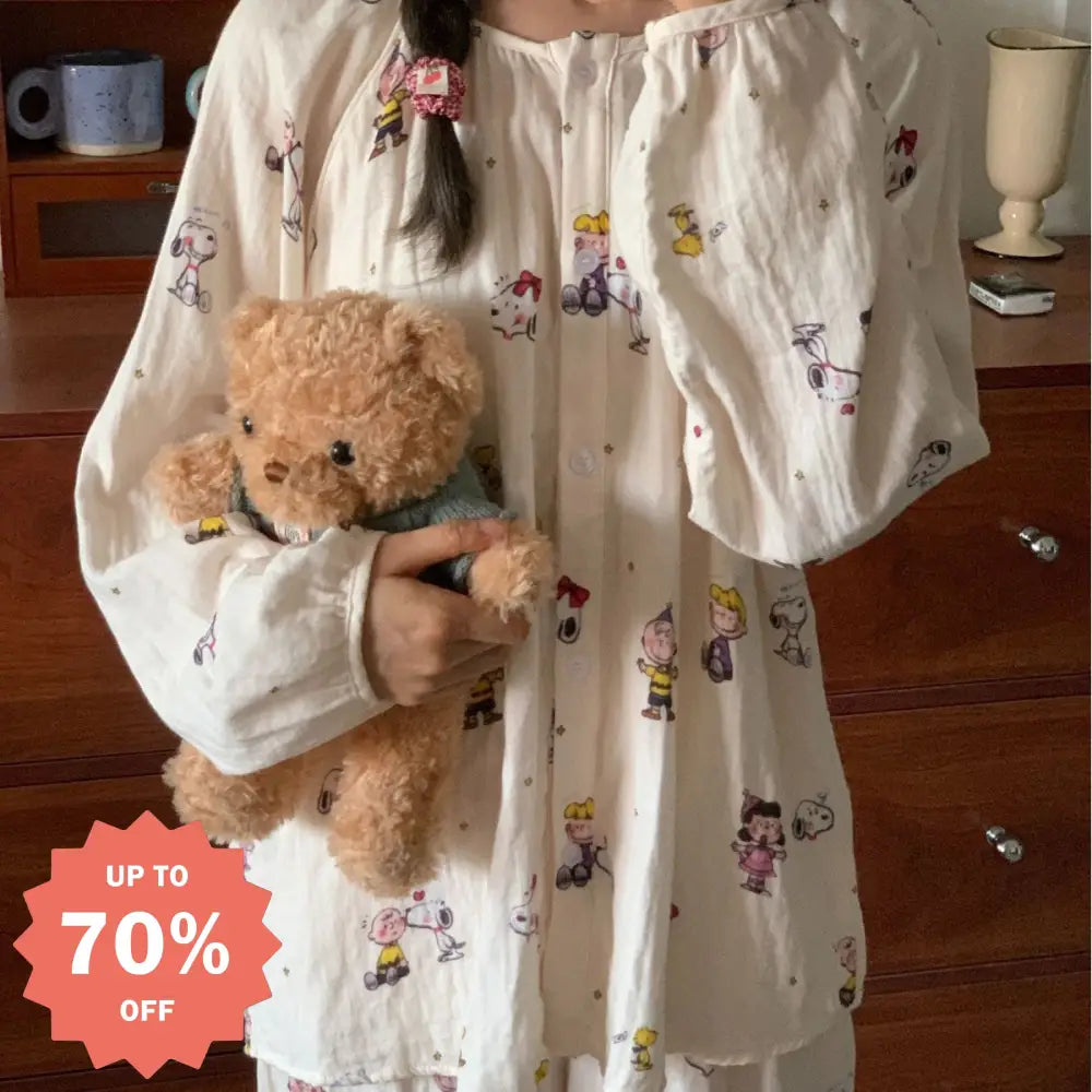 ガーゼ カートゥーン 可愛い ラウンドネック 長袖 ロングパンツ 可愛い パジャマ レディース ルームウェア ID4325 写真通り / M