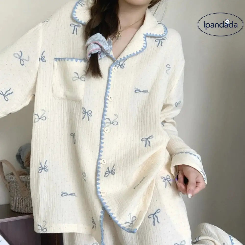 ガーゼ パジャマ セット 春秋 長袖 韓国風 ルームウェア 大きいサイズ ID3972
