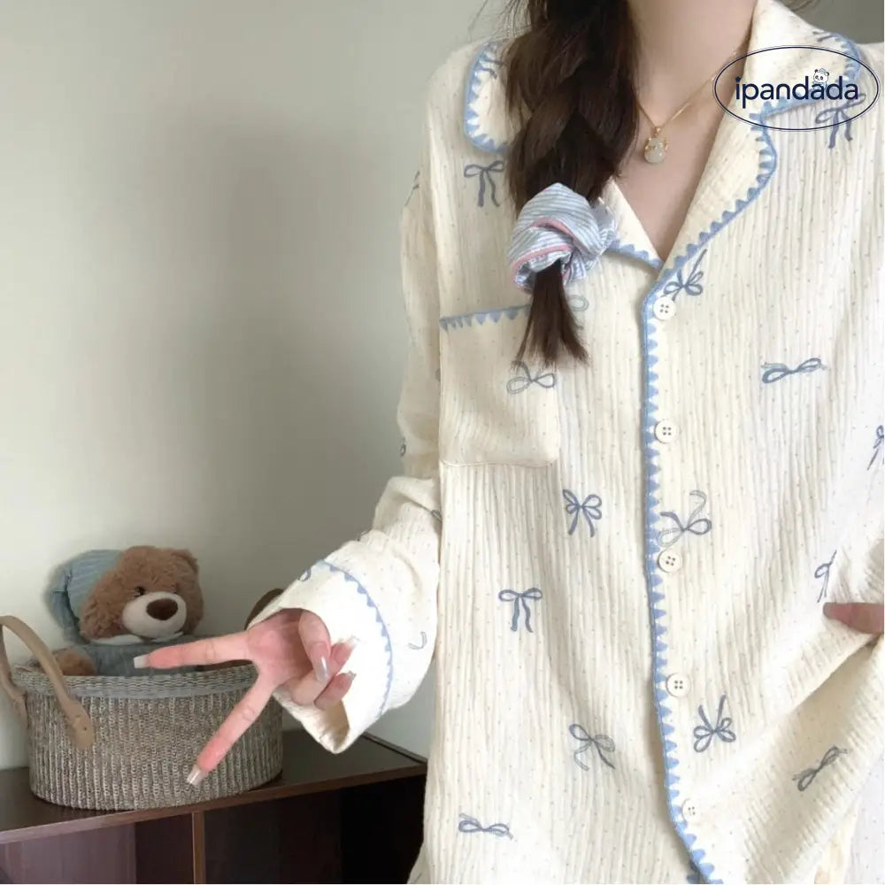 ガーゼ パジャマ セット 春秋 長袖 韓国風 ルームウェア 大きいサイズ ID3972