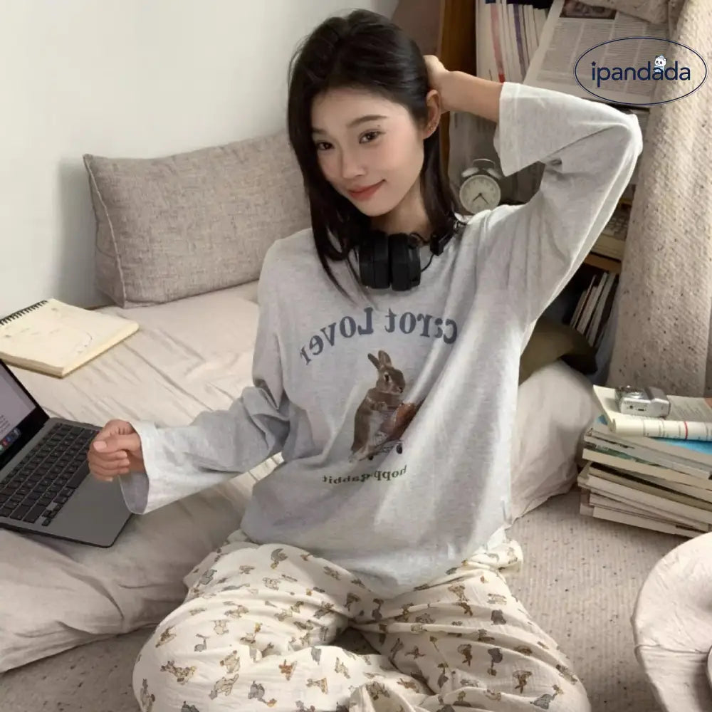 かわいい ウサギ プリント ラウンドネック 長袖 Tシャツ パジャマ レディース 春秋 大きいサイズ コットン 長ズボン ルームウェア セット ID2122 グレー / M レディース>セットアップ
