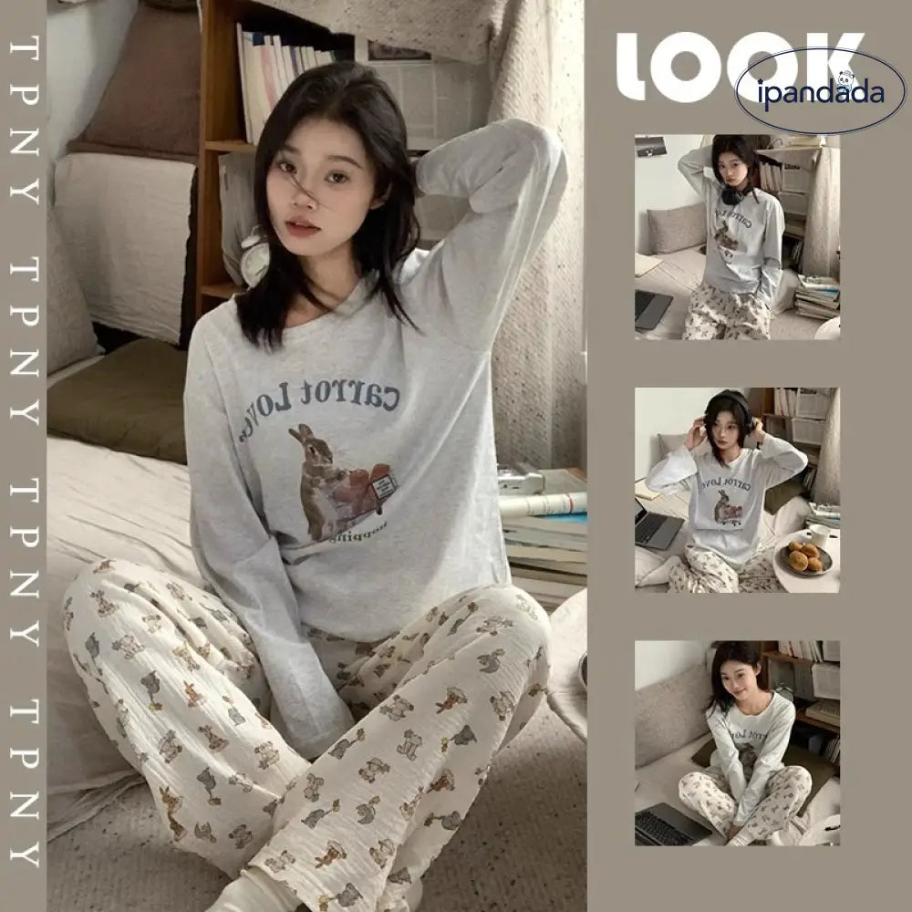 かわいい ウサギ プリント ラウンドネック 長袖 Tシャツ パジャマ レディース 春秋 大きいサイズ コットン 長ズボン ルームウェア セット ID2122