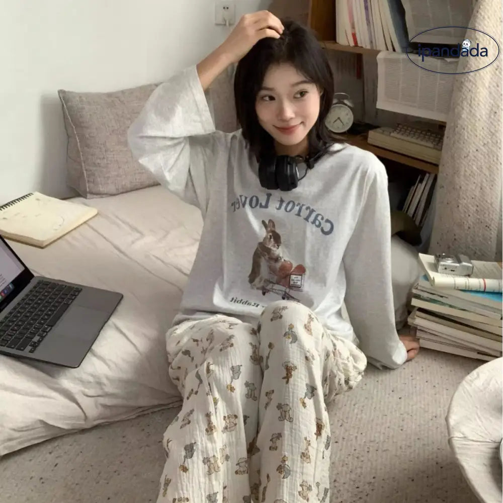 かわいい ウサギ プリント ラウンドネック 長袖 Tシャツ パジャマ レディース 春秋 大きいサイズ コットン 長ズボン ルームウェア セット ID2122