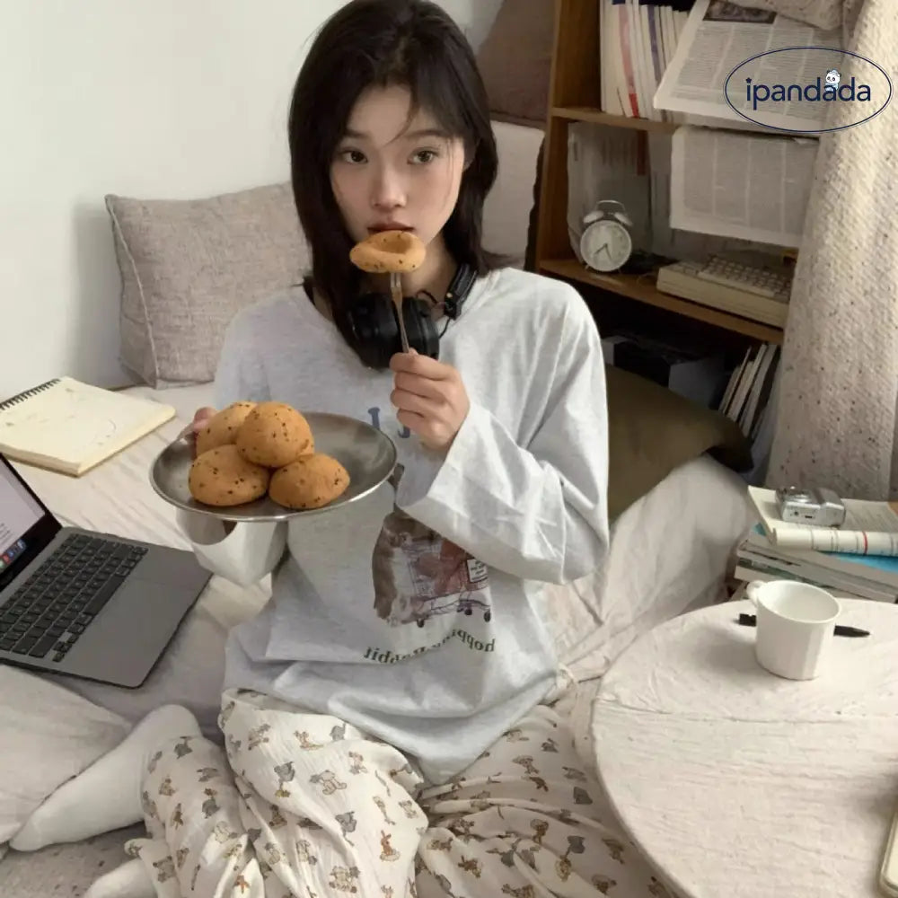 かわいい ウサギ プリント ラウンドネック 長袖 Tシャツ パジャマ レディース 春秋 大きいサイズ コットン 長ズボン ルームウェア セット ID2122