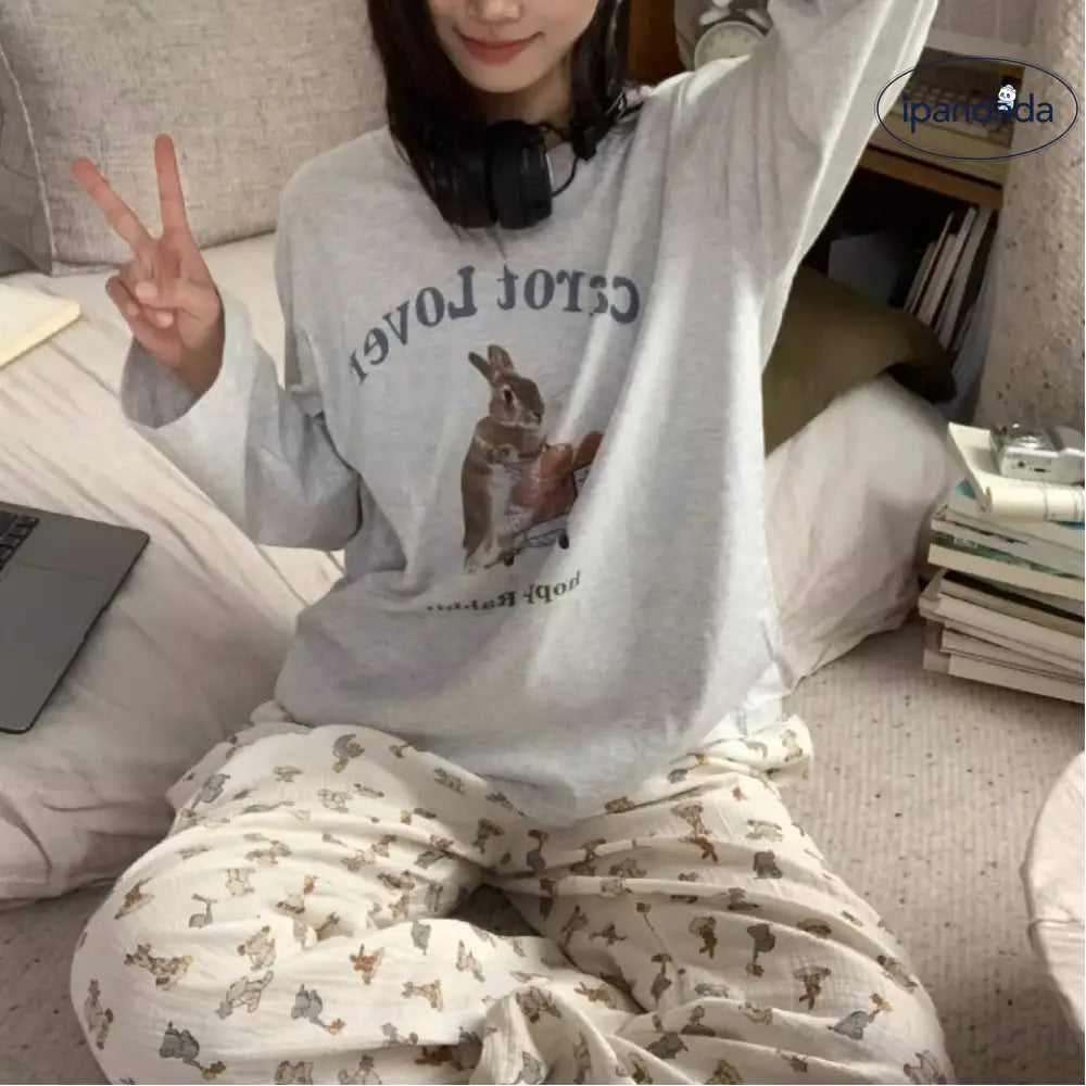 かわいい ウサギ プリント ラウンドネック 長袖 Tシャツ パジャマ レディース 春秋 大きいサイズ コットン 長ズボン ルームウェア セット ID2122