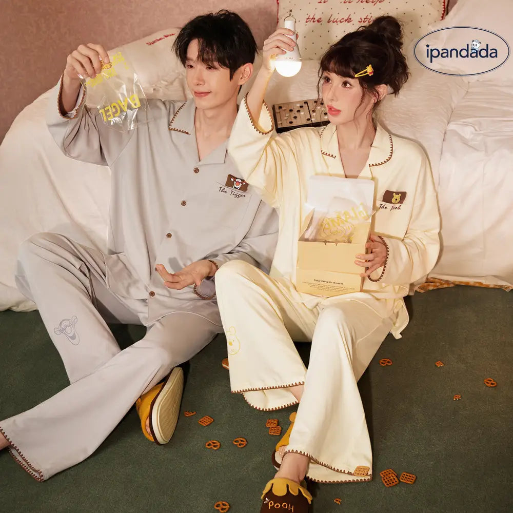 春用 プーさん カップル パジャマ セット ジュンマ ルームウェア 春 長袖 男女兼用 ディズニー くま 癒し おしゃれ 癒し カップルグッズ ID4096 コーディネート＞ペアルック