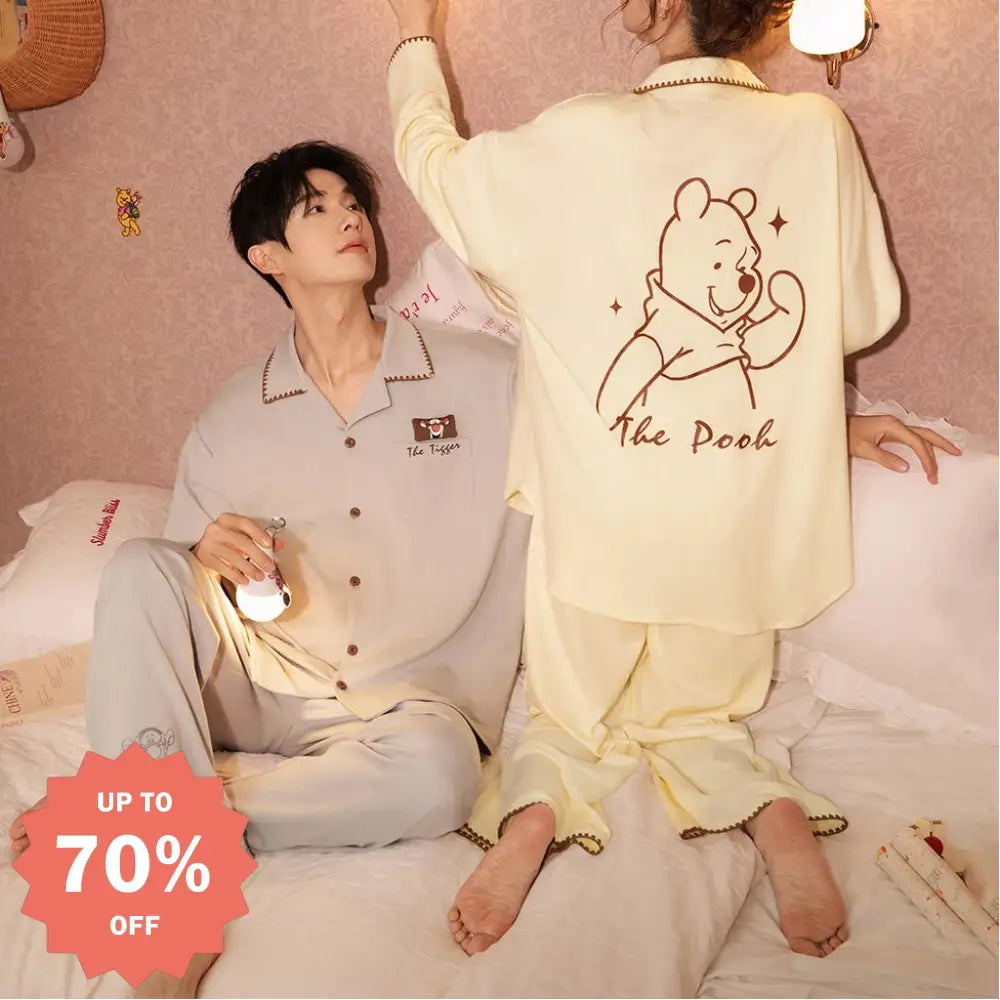 春用 プーさん カップル パジャマ セット ジュンマ ルームウェア 春 長袖 男女兼用 ディズニー くま 癒し おしゃれ 癒し カップルグッズ ID4096 コーディネート＞ペアルック