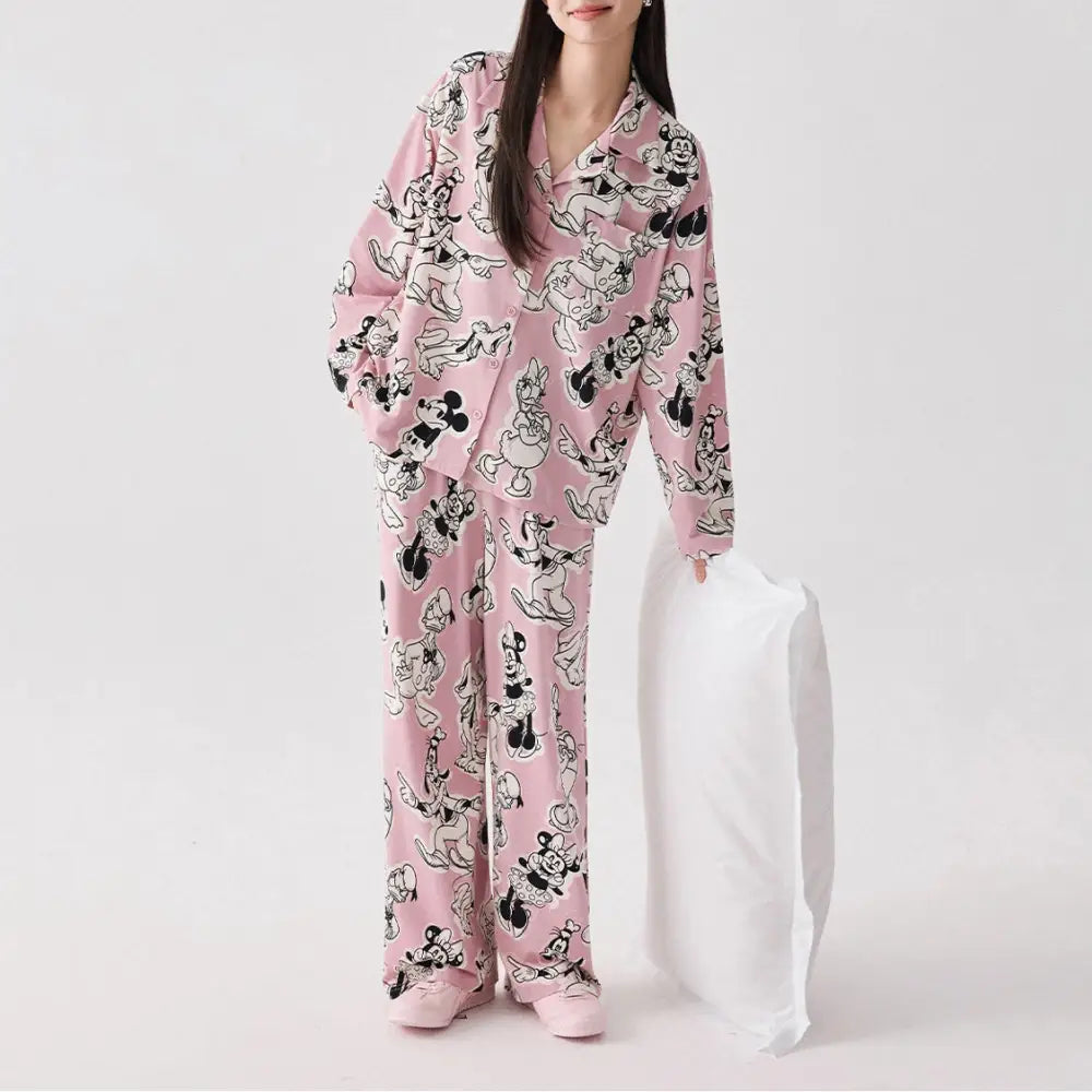 ディズニー ミニー モダール コットン 部屋着 女の子 大人 かわいい おしゃれ 長袖 カートゥーン パジャマ ルームウェア 二点セット 春秋 ID4357 タイプ① / M レディース＞セットアップ