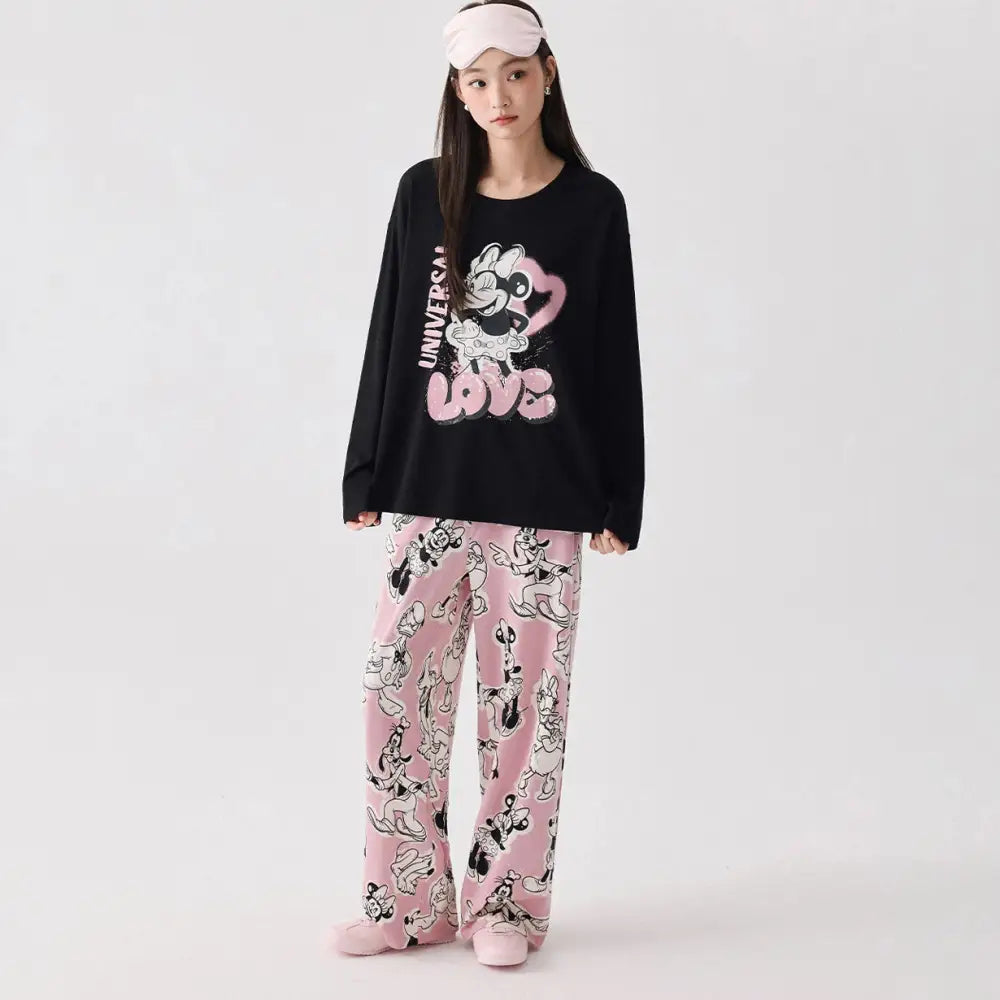 ディズニー ミニー モダール コットン 部屋着 女の子 大人 かわいい おしゃれ 長袖 カートゥーン パジャマ ルームウェア 二点セット 春秋 ID4357 タイプ② / M レディース＞セットアップ