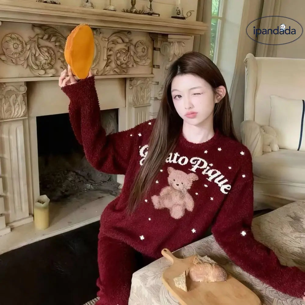 冬 レディース パジャマ かわいい 可愛い 暖かい あったか 長袖 部屋着 ふわもこ クリスマスレッド 保温 厚手 ルームウェア フリース 韓国風 ふわふわ ID3682 レッド / フリー レディース＞セットアップ