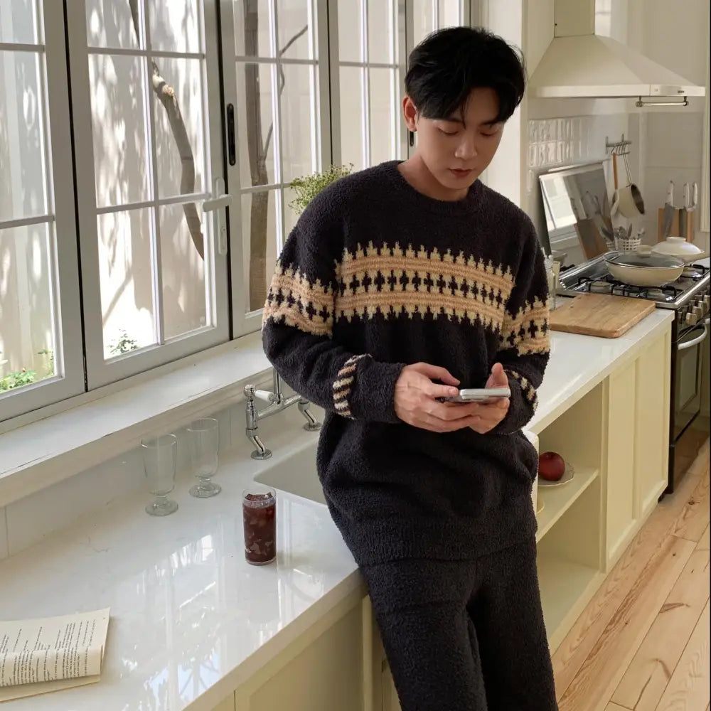 フリース メンズ パジャマ 秋冬 新作 厚手 保温 大きいサイズ プルオーバー ソフト ルームウェア メンズ ID3585 タイプ② / フリー