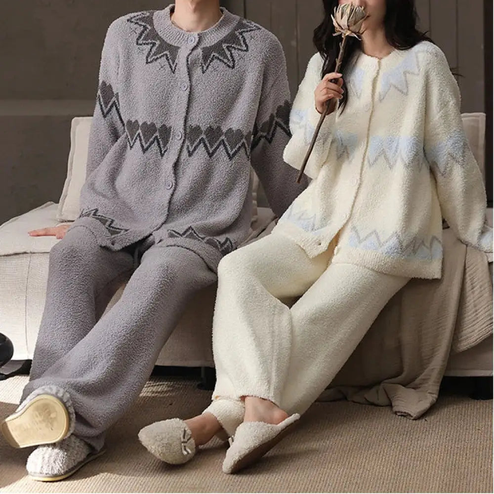 ふわふわ フリース 秋冬 カップル パジャマ ームウェア 冬 寝間着 プレゼント ペア お揃い レディース 厚手 保温 カーディガン メンズ ルームウェア セット ID3879 コーディネート＞ペアルック