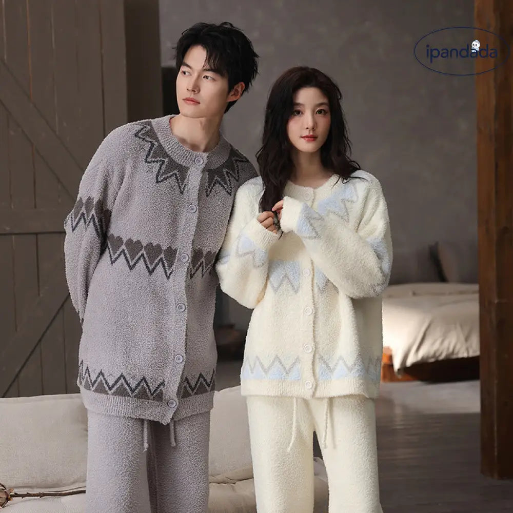 ふわふわ フリース 秋冬 カップル パジャマ ームウェア 冬 寝間着 プレゼント ペア お揃い レディース 厚手 保温 カーディガン メンズ ルームウェア セット ID3879 コーディネート＞ペアルック