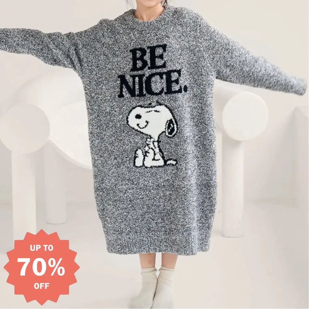 ふわふわ キッズ ルームウェア 長袖 スヌーピー 柄 冬用 あったか ワンピース パジャマ 女の子 着る毛布 可愛い 部屋着 保温 ゆったり シンプル 快適 ルームワンピース ナイトウェア ID3409 グレー / 120