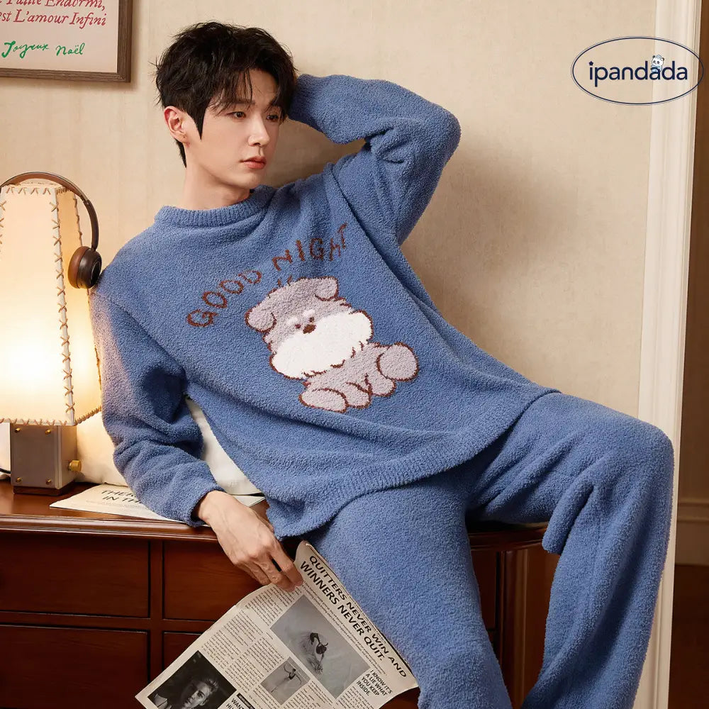 ふわもこ カップル ペア パジャマ 秋冬 ルームウェア セットアップ 柔らかい ニットフリース 長袖 長ズボン 可愛い 犬柄 デザイン あったか 部屋着 冬用 プレゼント カップル クリスマス ギフト おしゃれ 人気 防寒 家居服 メンズ