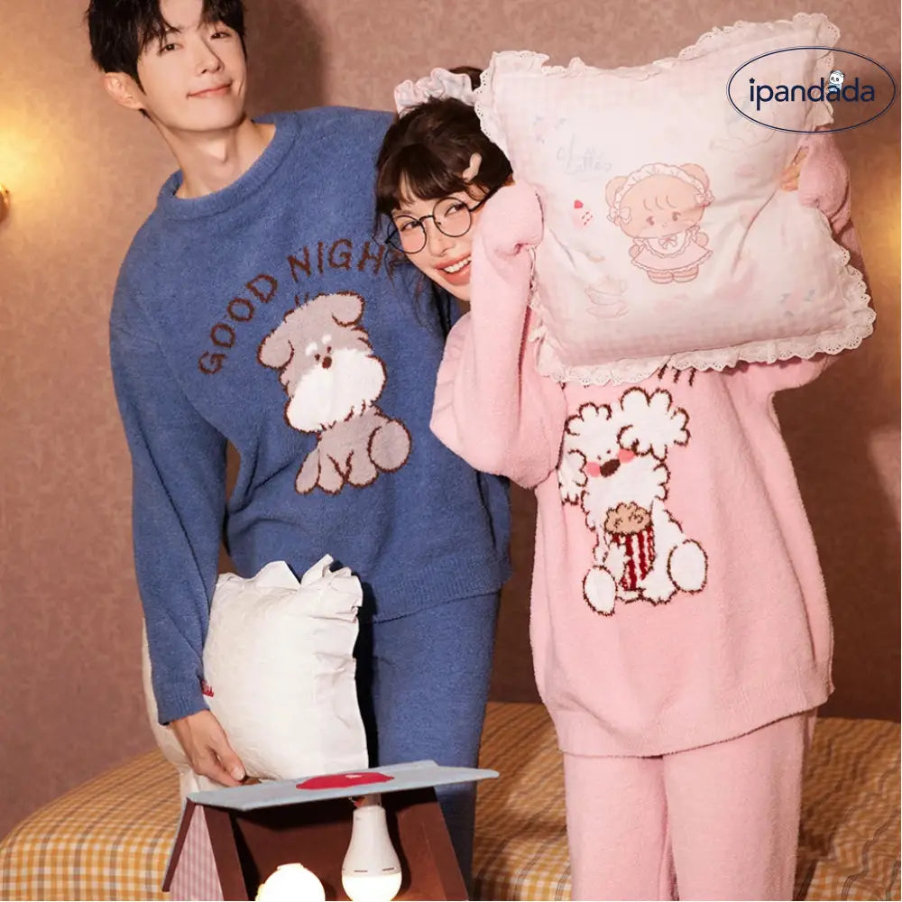 ふわもこ カップル ペア パジャマ 秋冬 ルームウェア セットアップ 柔らかい ニットフリース 長袖 長ズボン 可愛い 犬柄 デザイン あったか 部屋着 冬用 プレゼント カップル クリスマス ギフト おしゃれ 人気 防寒 家居服 メンズ