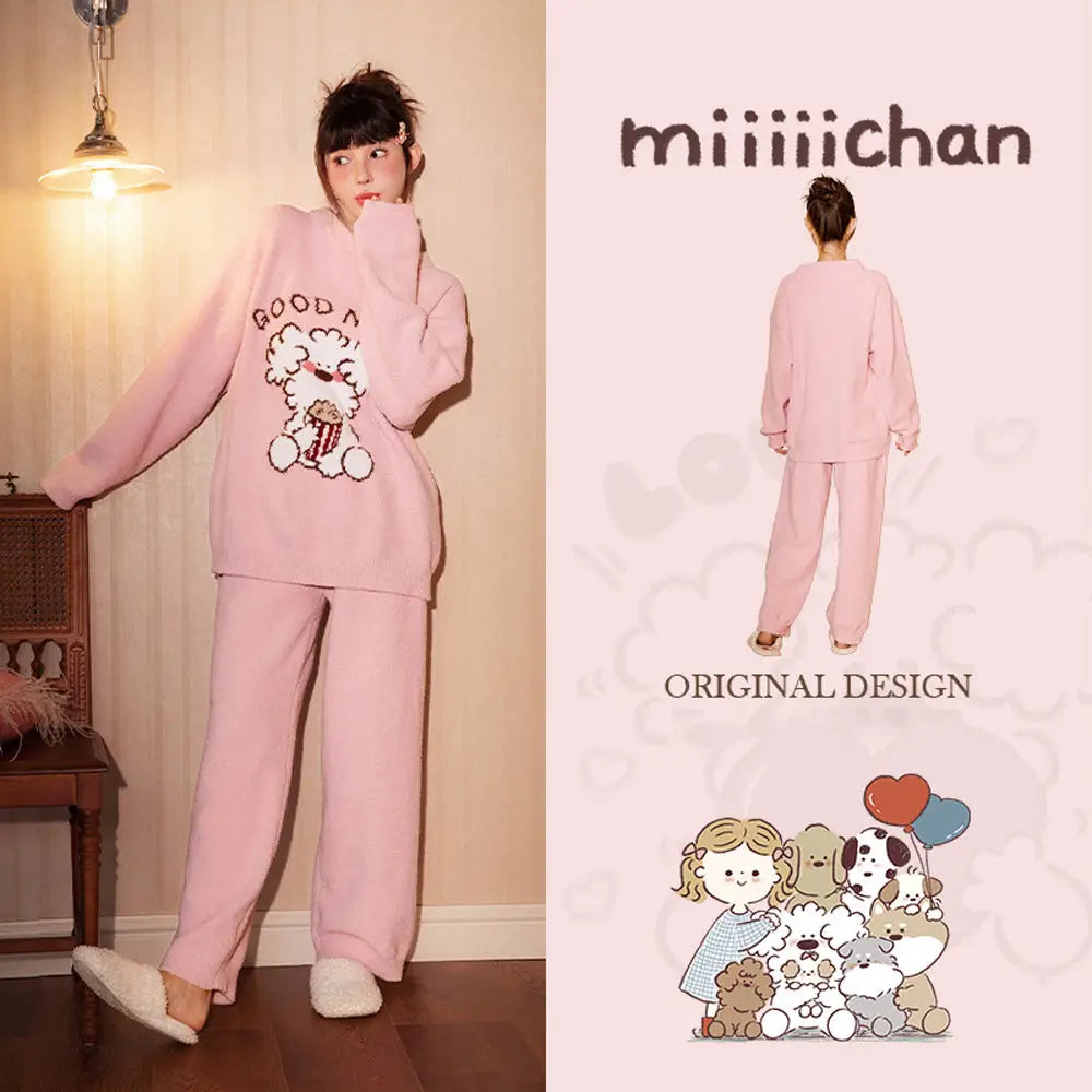 ふわもこ カップル ペア パジャマ 秋冬 ルームウェア セットアップ 柔らかい ニットフリース 長袖 長ズボン 可愛い 犬柄 デザイン あったか 部屋着 冬用 プレゼント カップル クリスマス ギフト おしゃれ 人気 防寒 家居服 メンズ