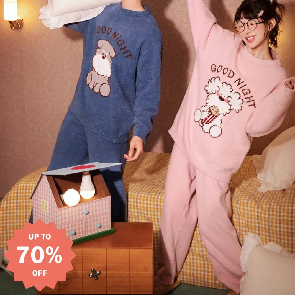 ふわもこ カップル ペア パジャマ 秋冬 ルームウェア セットアップ 柔らかい ニットフリース 長袖 長ズボン 可愛い 犬柄 デザイン あったか 部屋着 冬用 プレゼント カップル クリスマス ギフト おしゃれ 人気 防寒 家居服 メンズ