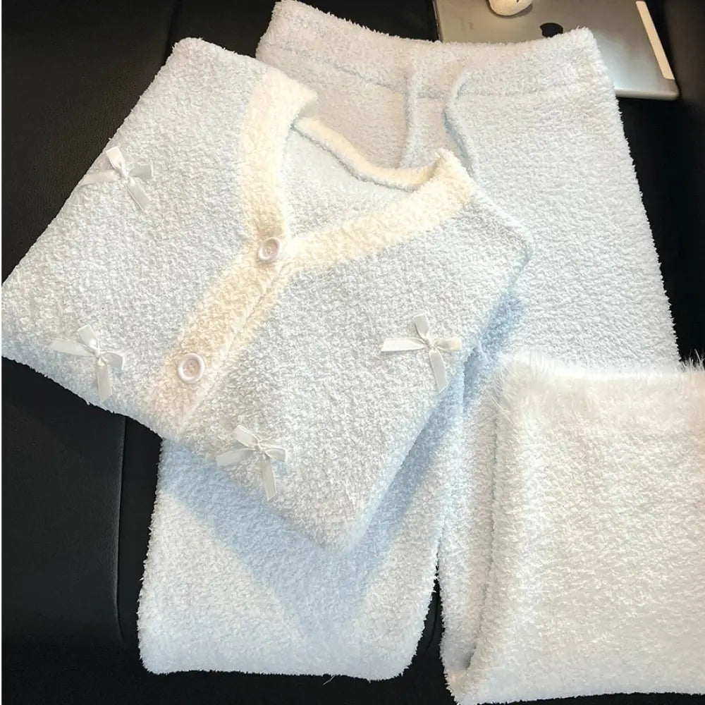 グラデーションパープル リボン フリース パジャマ レディース 冬用 大きいサイズ 裏起毛 保温 ルームウェア ID3584 ブルー / S