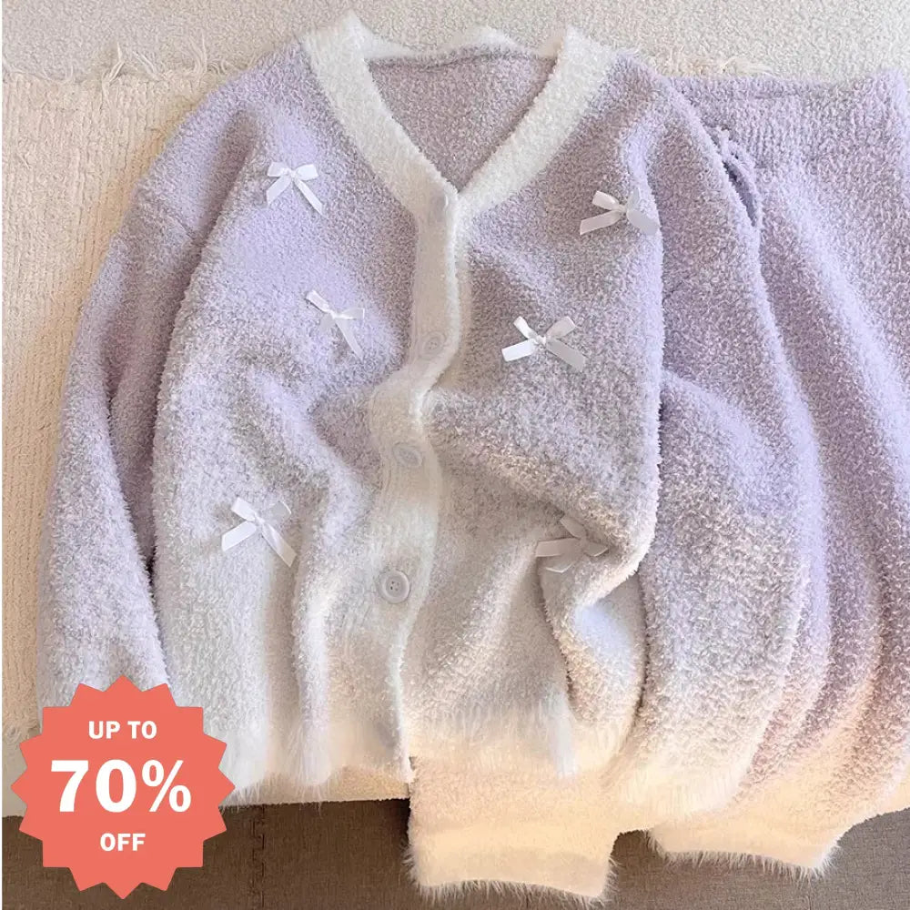 グラデーションパープル リボン フリース パジャマ レディース 冬用 大きいサイズ 裏起毛 保温 ルームウェア ID3584 パープル / S