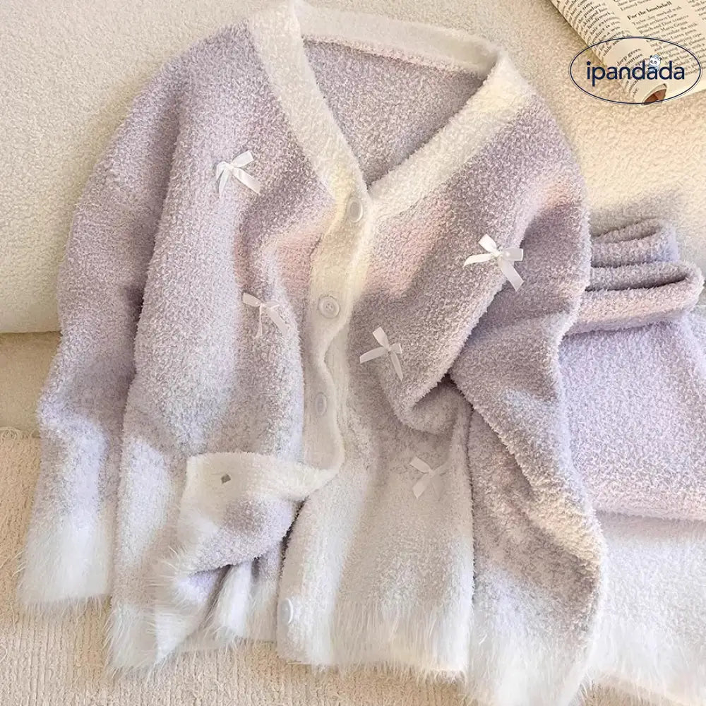 グラデーションパープル リボン フリース パジャマ レディース 冬用 大きいサイズ 裏起毛 保温 ルームウェア ID3584