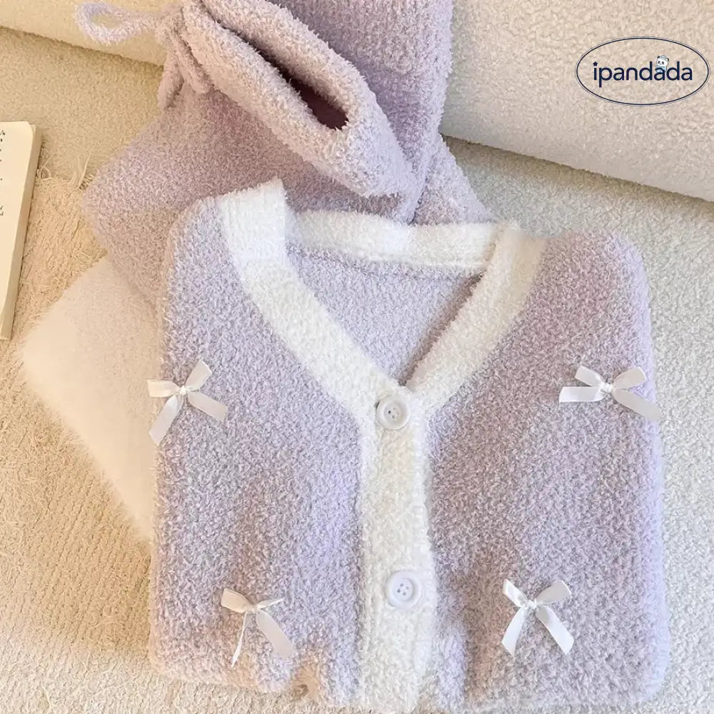 グラデーションパープル リボン フリース パジャマ レディース 冬用 大きいサイズ 裏起毛 保温 ルームウェア ID3584