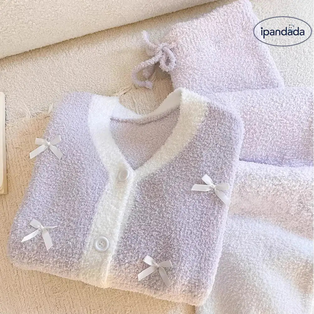 グラデーションパープル リボン フリース パジャマ レディース 冬用 大きいサイズ 裏起毛 保温 ルームウェア ID3584