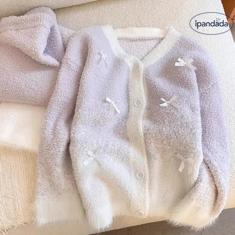 グラデーションパープル リボン フリース パジャマ レディース 冬用 大きいサイズ 裏起毛 保温 ルームウェア ID3584