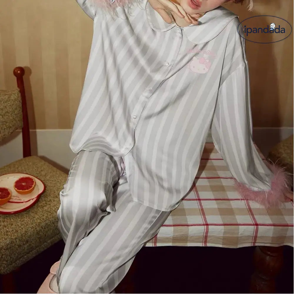 【ギフト】ハローキティ HelloKitty パジャマ レディース 春秋 長袖 ボーダー ストライプ フェザー袖 フワフワ 袖 デザイン 冰丝 ひんやり さらさら 接触冷感 かわいい キャラクター カジュアル 部屋着 ルームウェア