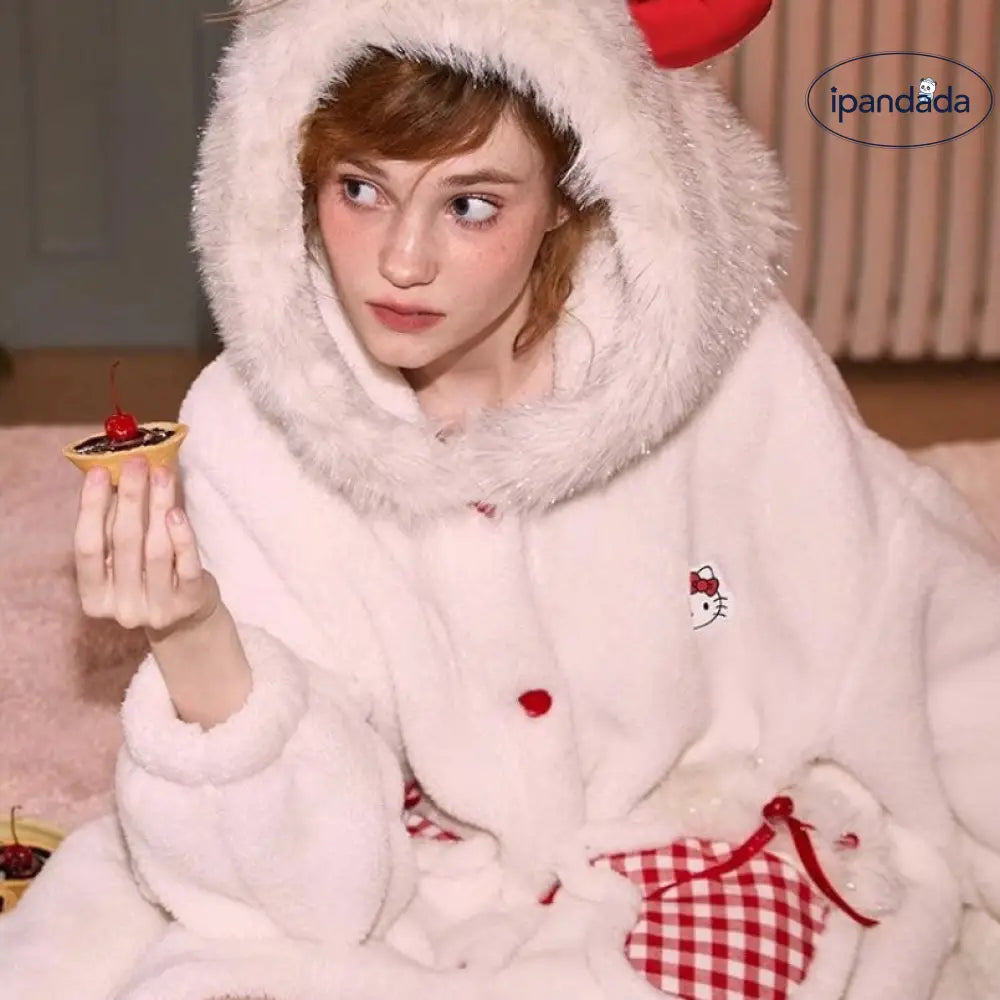 ハローキティ もこもこ 着る毛布 ロング丈 ルームウェア ふわふわ 暖かい ナイトガウン 可愛い ギンガムチェック 冬 部屋着 クリスマスギフト にも最適 レディース ID3428