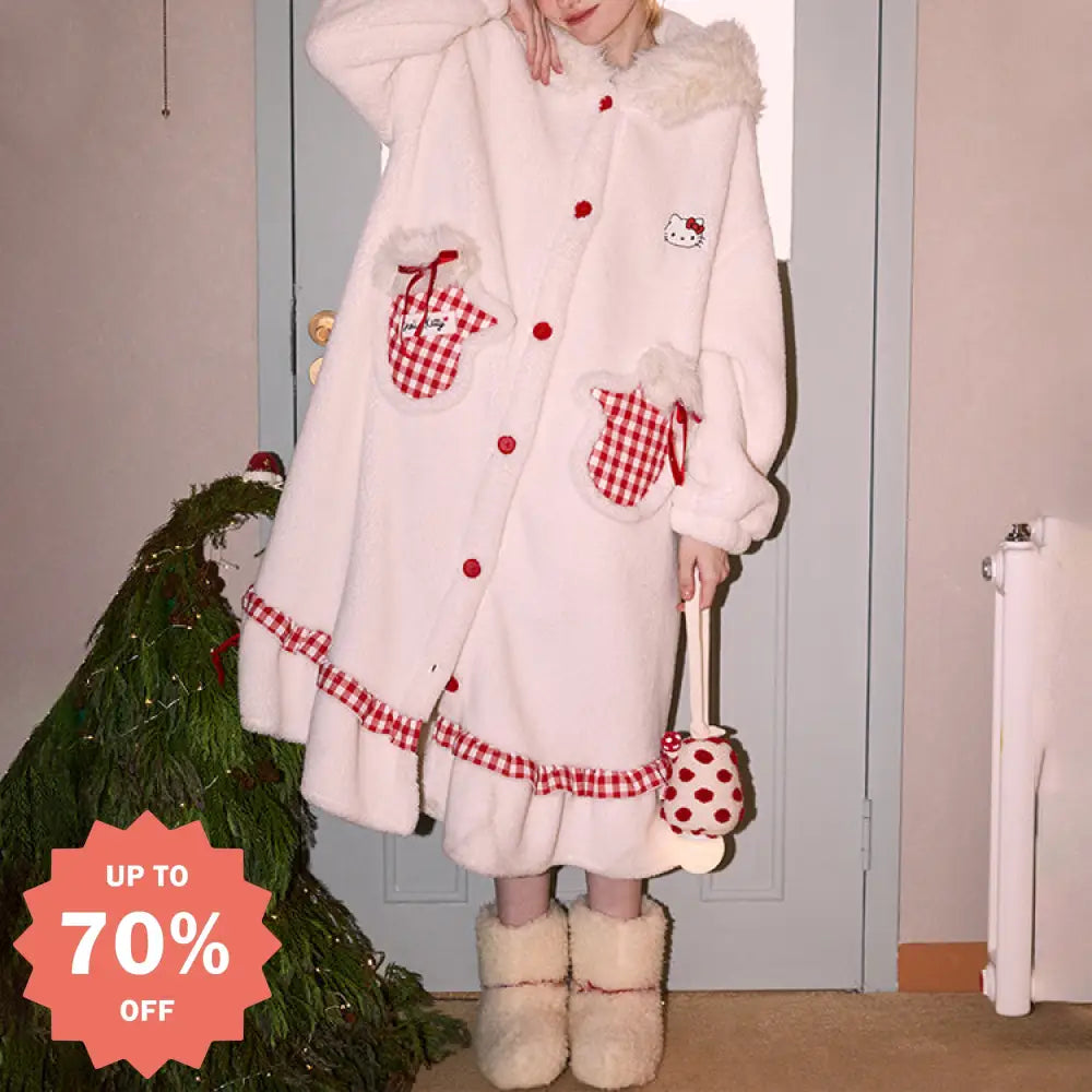 ハローキティ もこもこ 着る毛布 ロング丈 ルームウェア ふわふわ 暖かい ナイトガウン 可愛い ギンガムチェック 冬 部屋着 クリスマスギフト にも最適 レディース ID3428 レディース＞ワンピース
